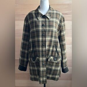 Lucien Daunois Size 50 Plaid Pea Coat in Brown Green Cream Wool Outerwear